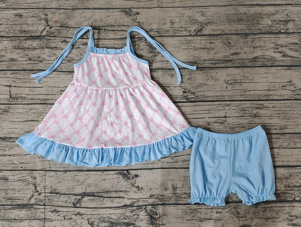 No moq Pre-order Baby Girl Sleeveless Bows Tunic Blue Ruffle Cotton Shorts Summer Set