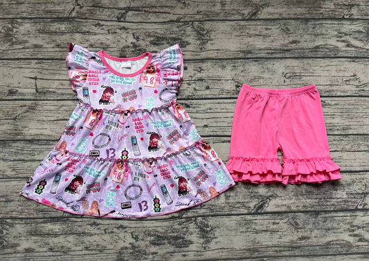 No moq Pre-order Baby Girl Short Sleeves Singer Tunic Pink Shorts Set