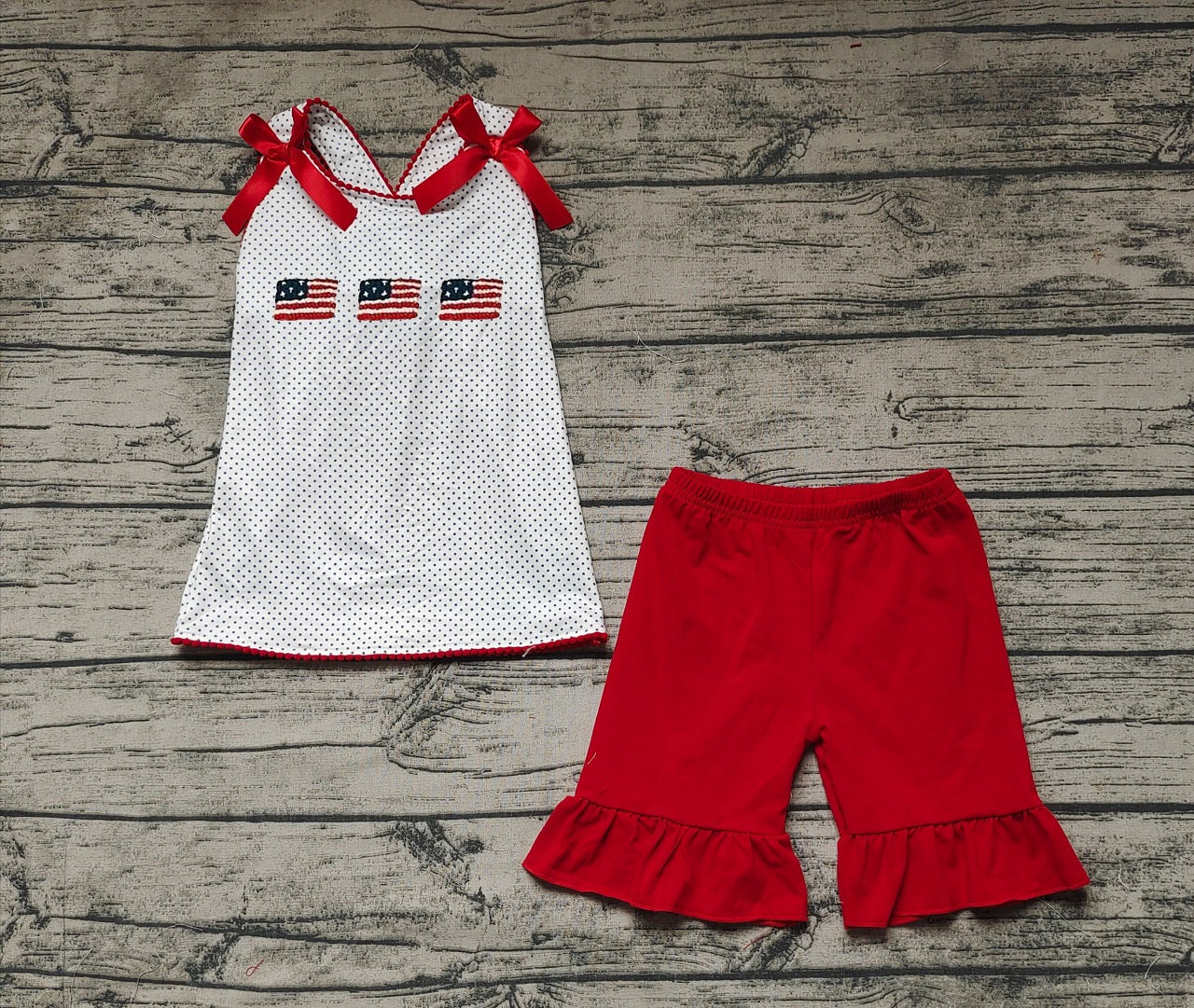 Pre-order Baby Girl Sleeveless Flags Tops Red Shorts July 4th Set