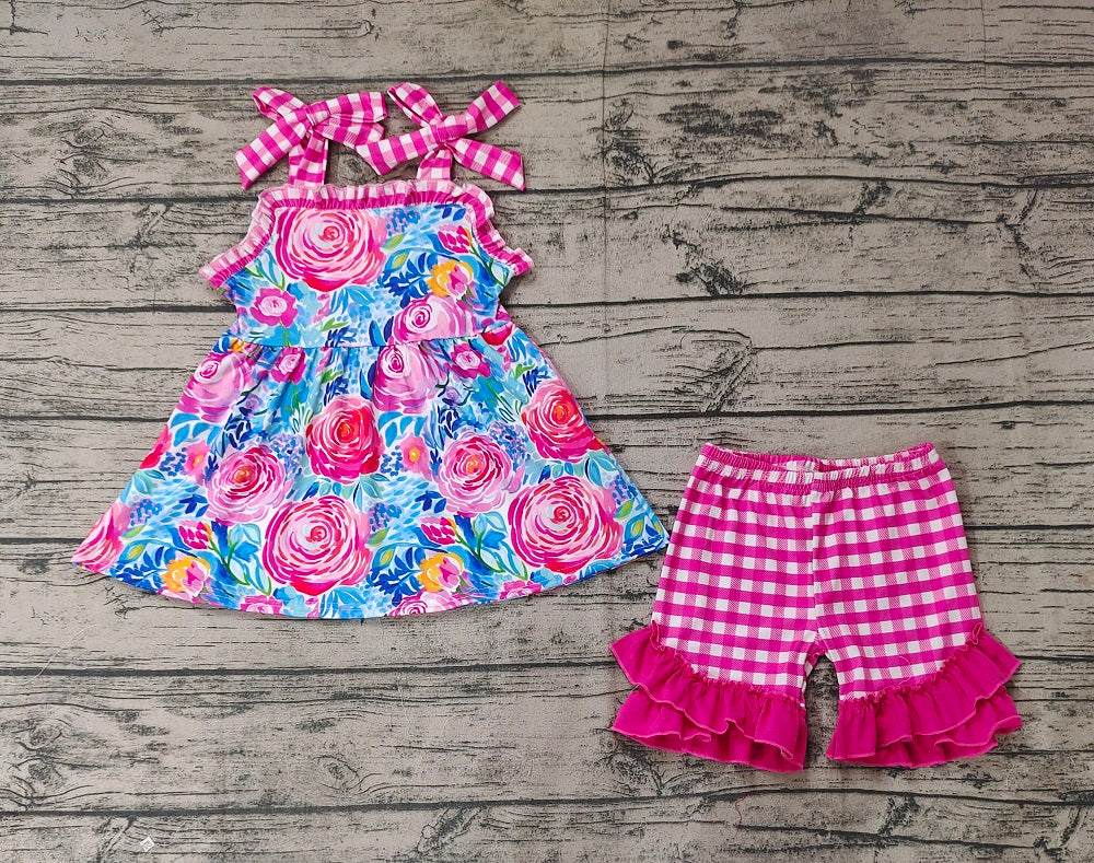 Pre-order Baby Girl Sleeveless Floral Tops Plaid Ruffle Shorts Summer Set