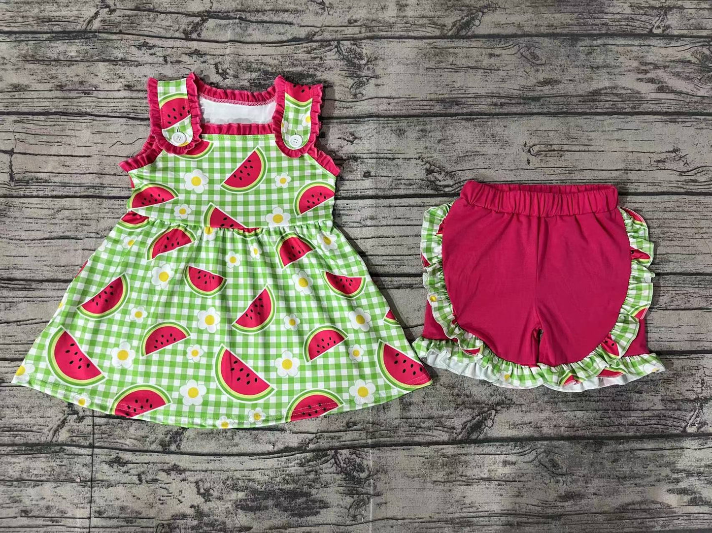 Baby Girl Watermelon Floral Green Plaid Tunic Shorts Summer Set