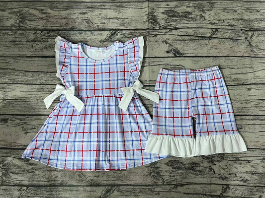 Pre-order Baby Girl Short Sleeves Plaid Tunic Shorts Summer Set