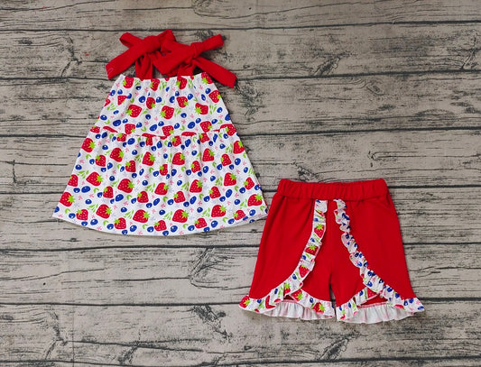 No moq Pre-order Baby Girl Strawberry Tunic Red Shorts Summer Set