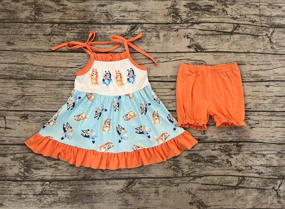 Pre-order Baby Girl Sleeveless Dogs Tunic Orange Shorts Summer Set