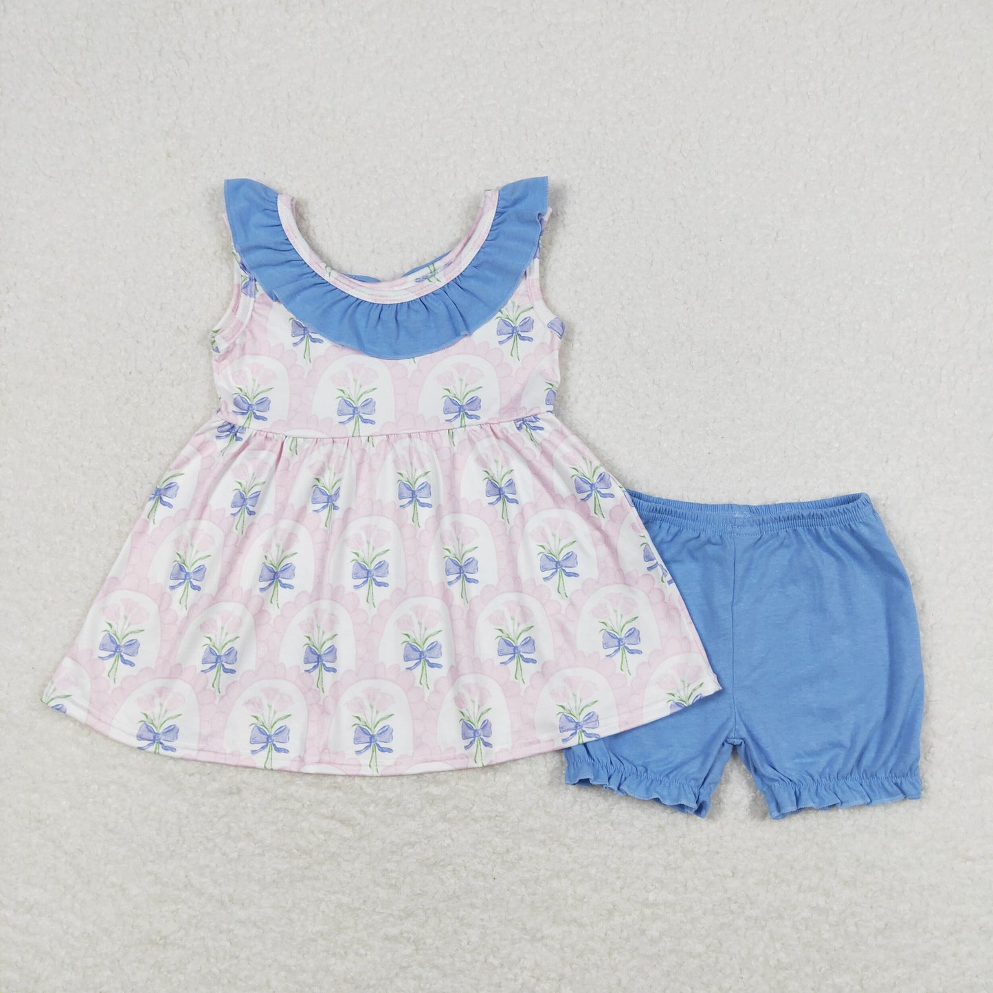 Baby Girl Sleeveless Flower Bows Tunic Ruffle Shorts Sibling Clothes Set RTS