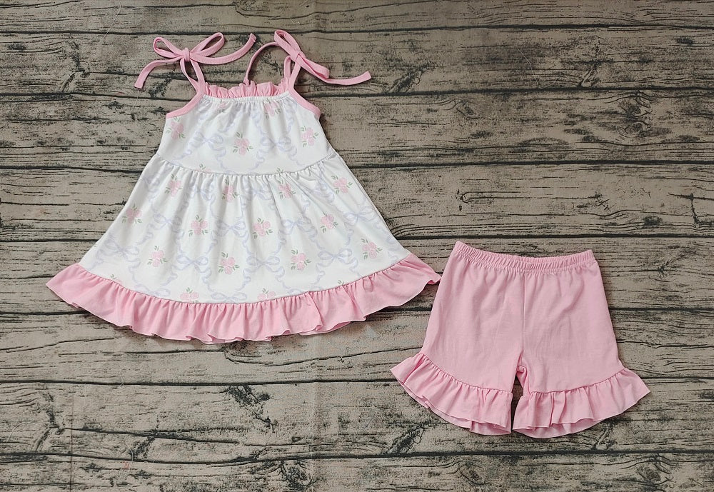 No moq Pre-order Baby Girl Sleeveless Floral Bows Tunic Pink Cotton Shorts Summer Set