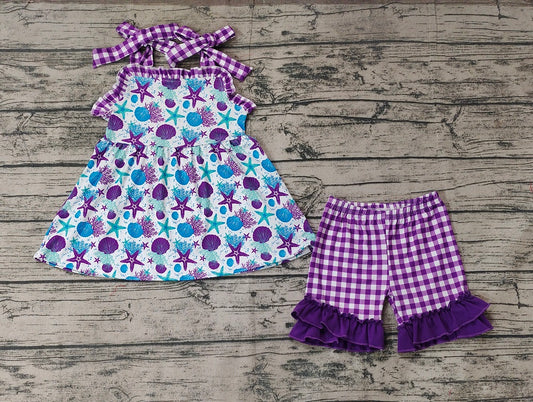 Pre-order Baby Girl Sleeveless Starfish Tops Purple Plaid Ruffle Shorts Summer Set