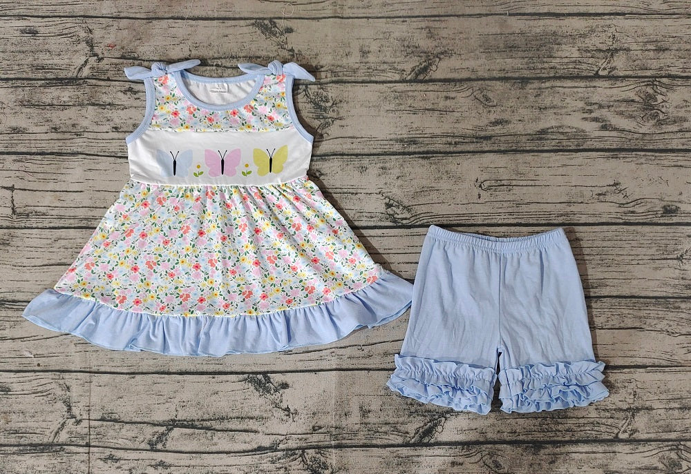 No moq Pre-order Baby Girl Sleeveless Butterfly Floral Tunic Blue Ruffle Cotton Shorts Summer Set