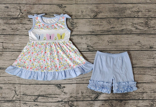 No moq Pre-order Baby Girl Sleeveless Butterfly Floral Tunic Blue Ruffle Cotton Shorts Summer Set