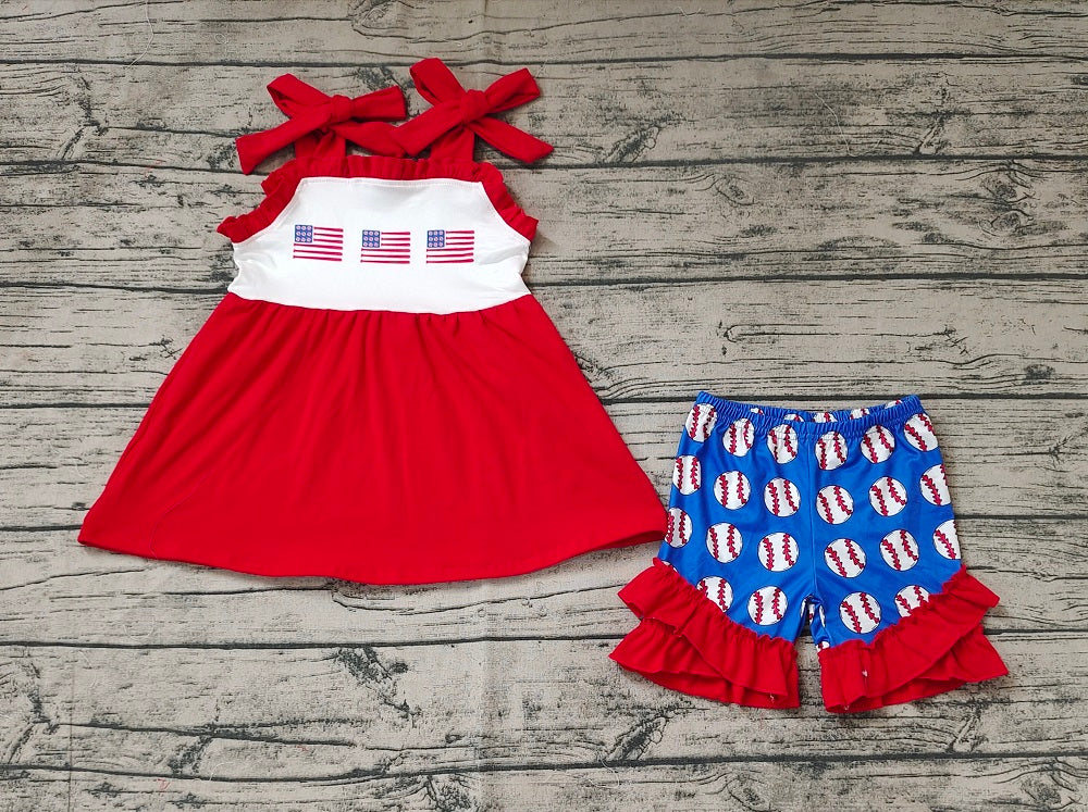 No moq Pre-order Baby Girl Flags Red Tunic Baseball Ruffle Shorts Summer Set