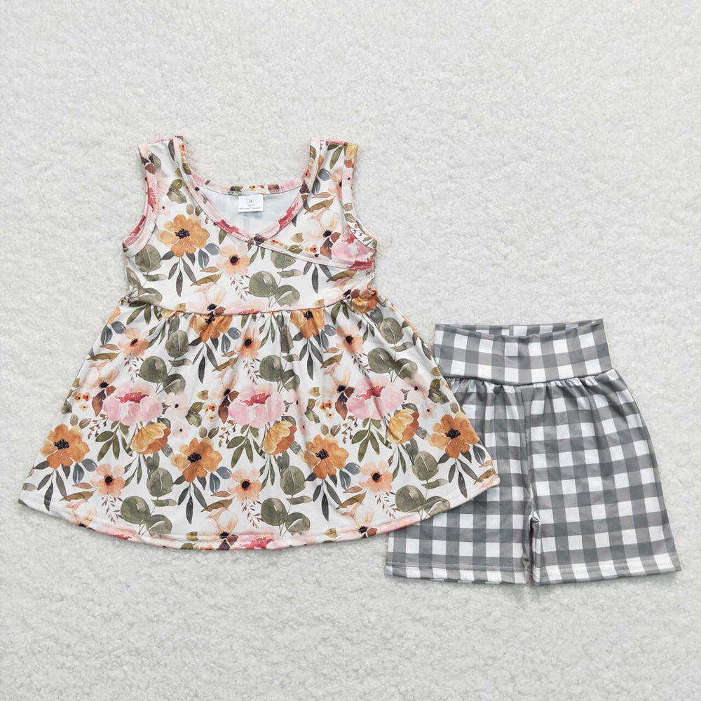 Baby Girl Sleeveless Flower Tunic Checked Shorts Sibling Clothes Set RTS