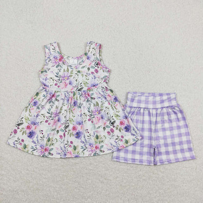 Baby Girl Sleeveless Flower Tunic Checked Shorts Sibling Clothes Set RTS