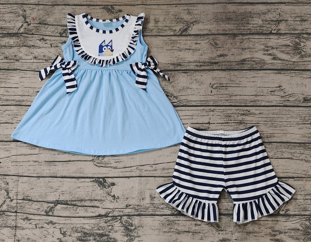 No moq Pre-order Baby Girl Sleeveless Dog Blue Tunic Stripes Shorts Summer Set