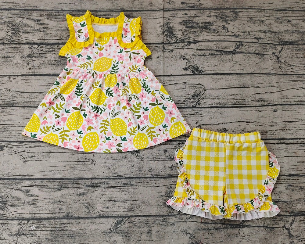 Pre-order Baby Girl Sleeveless Lemon Floral Yellow Plaid Ruffle Shorts Summer Set