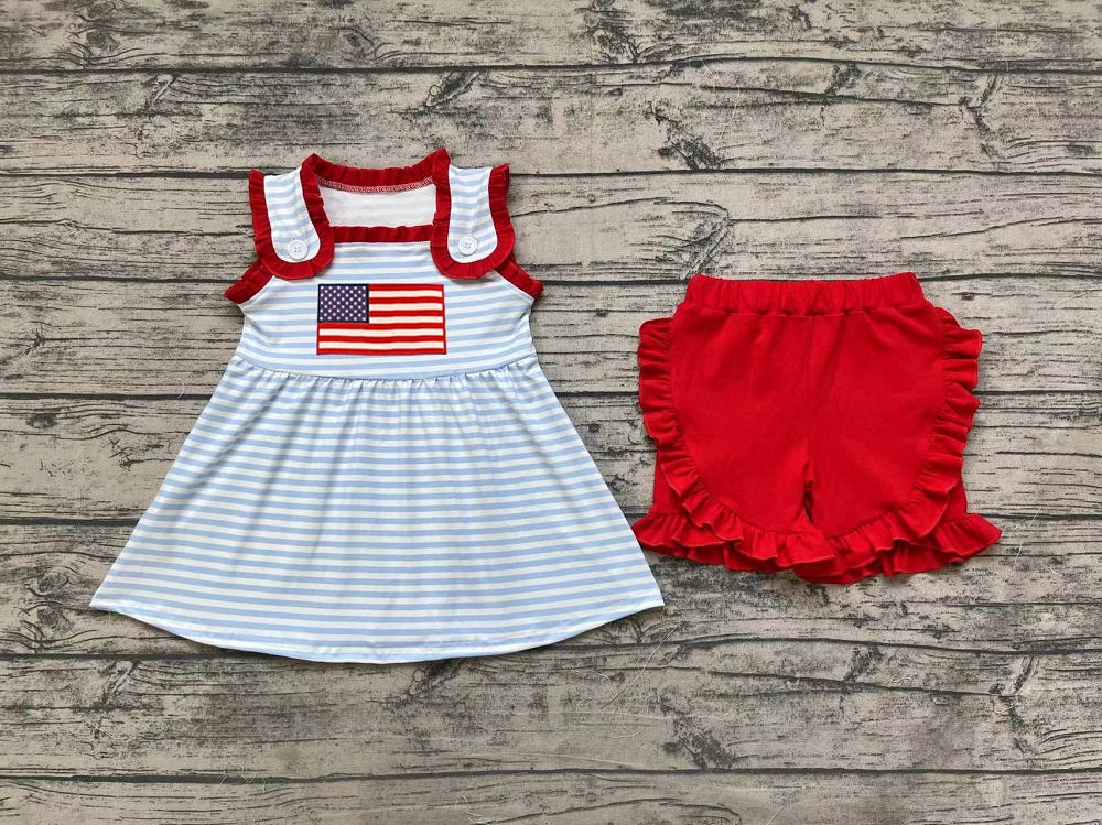 Pre-order Baby Girl Flag Stripes Tops Red Ruffle Shorts Summer July 4th Set