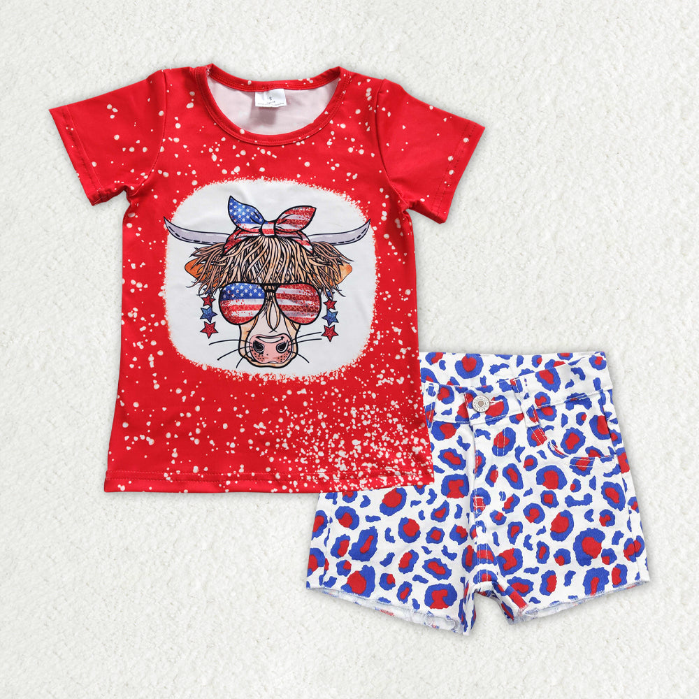 Sibling Baby Girls Kids Short Sleeves Shirts Denim Shorts 4th of July Clothes Sets RTS