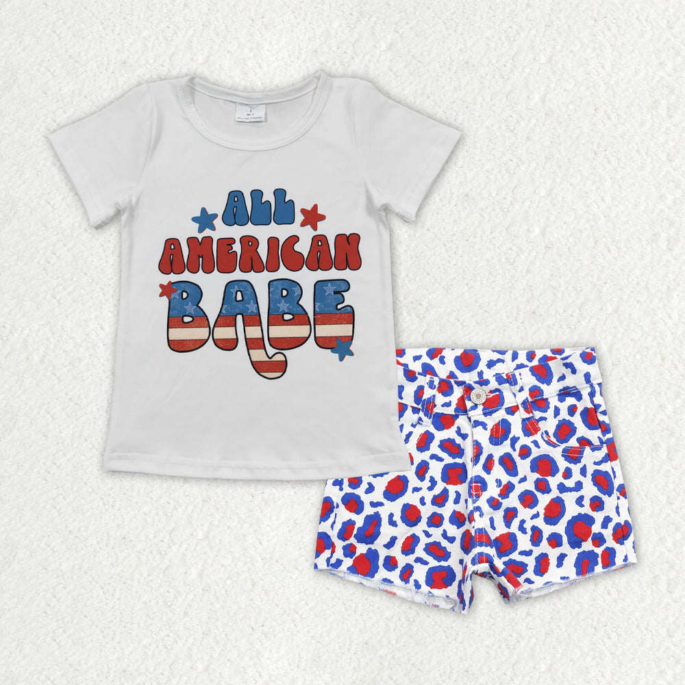 Sibling Baby Girls Kids Short Sleeves Shirts Denim Shorts 4th of July Clothes Sets RTS
