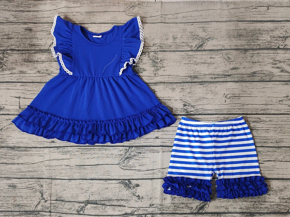 No moq Pre-order Baby Girl Short Sleeves Blue Cotton Tunic Stripes Shorts Summer Set