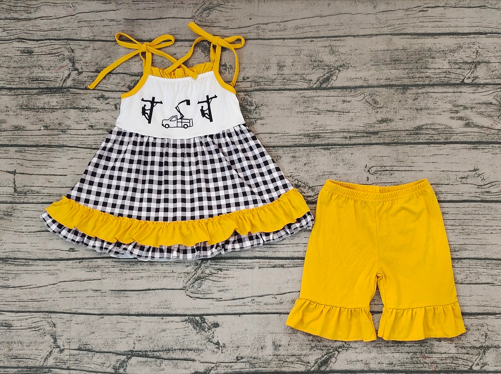 No moq Pre-order Baby Girl Sleeveless Line Worker Tunic Yellow Cotton Shorts Summer Set