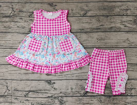 No moq Pre-order Baby Girl Sleeveless Floral Pocket Tunic Pink Plaid Shorts Summer Set