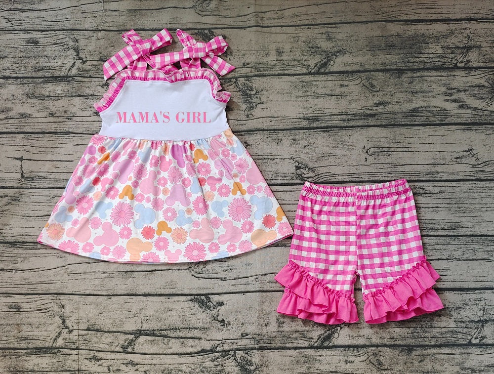 No moq Pre-order Mama's Girl Cartoon Floral Tops Pink Plaid Ruffle Shorts Summer Set