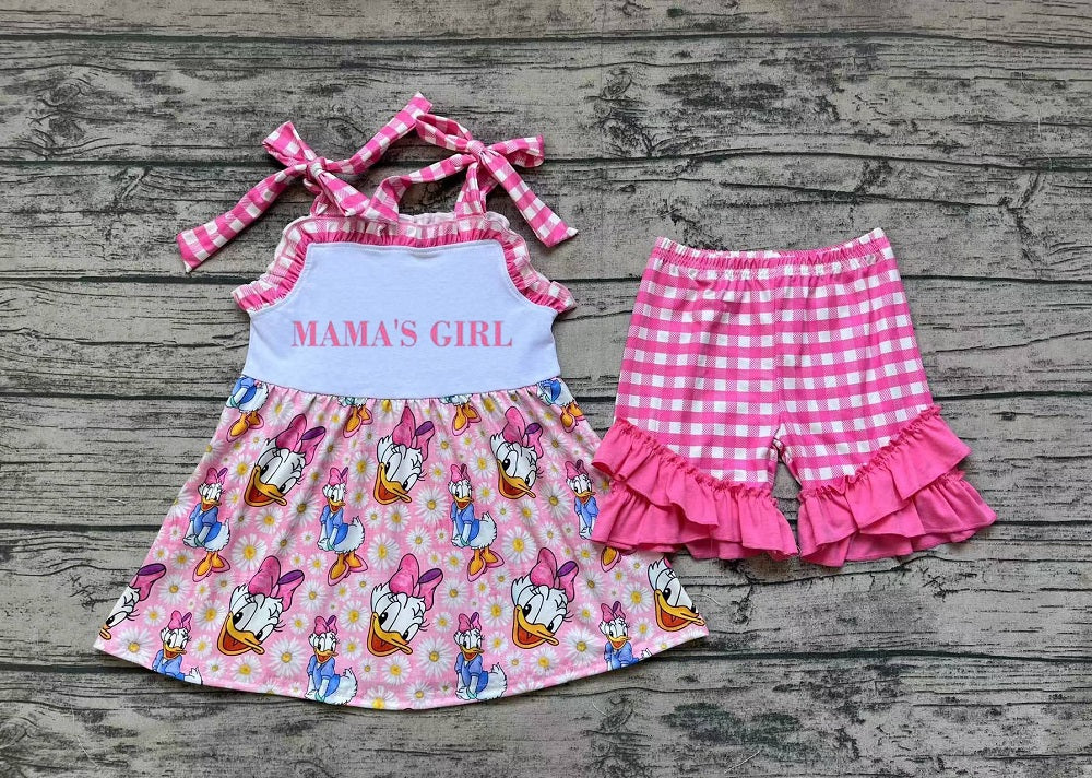 Pre-order Mama's Girl Cartoon Ducks Floral Tops Pink Plaid Ruffle Shorts Summer Set