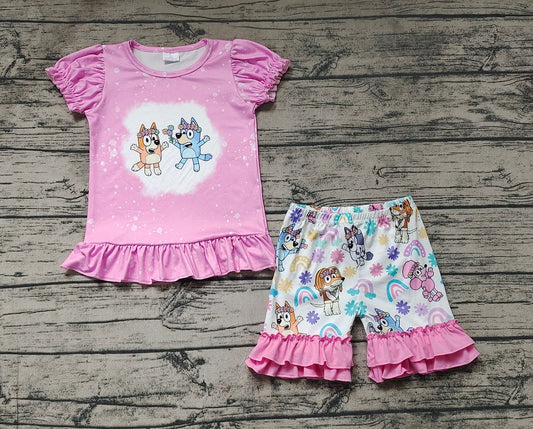 No moq Pre-order Baby Girl Short Sleeves Pink Shirt Dogs Floral Rainbow Shorts Summer Set