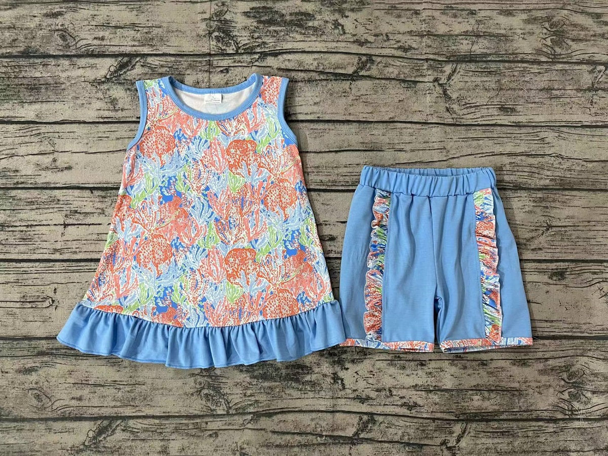 Pre-order Baby Girl Sleeveless Floral Tops Blue Shorts Set