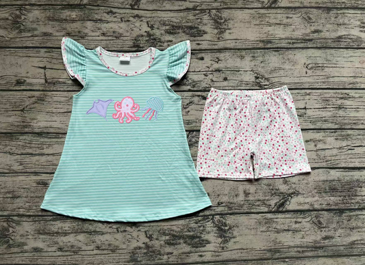 No moq Pre-order Baby Girl Octupos Stripes Tops Stars Shorts Set