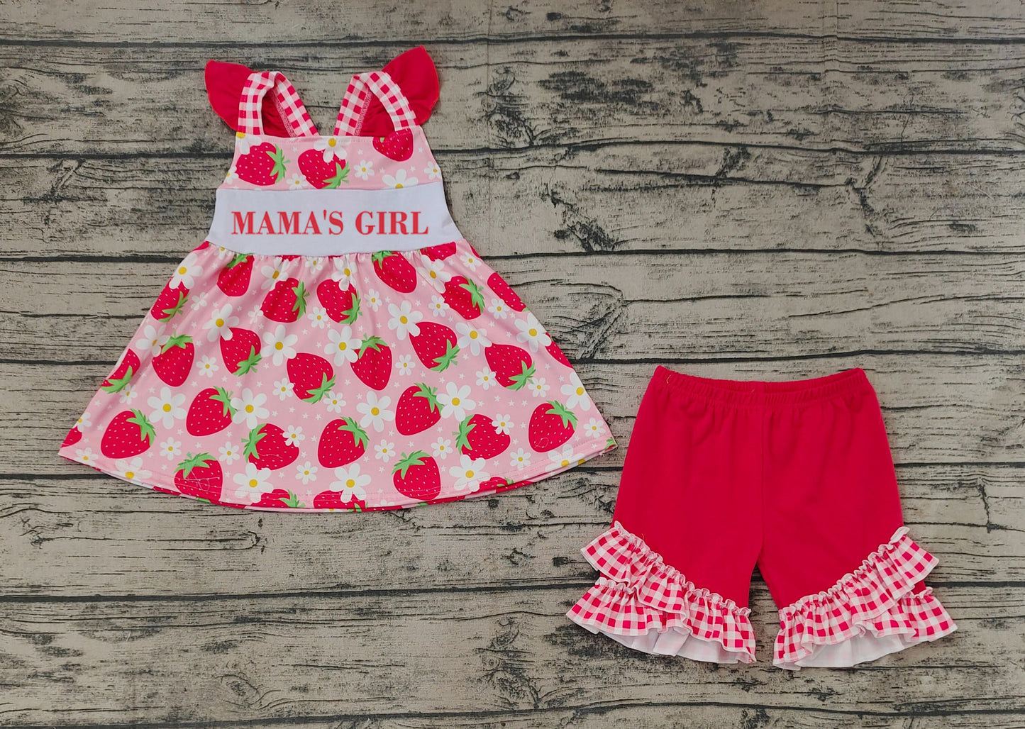 Pre-order Baby Kids Mama's Girl Strawberry Floral Tops Ruffle Shorts Set