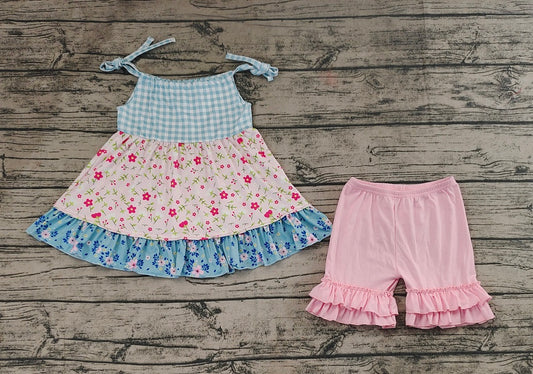 No moq Pre-order Baby Girl Sleeveless Floral Tops Pink Ruffle Shorts Set