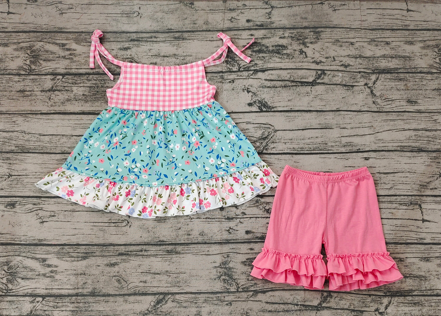 No moq Pre-order Baby Girl Sleeveless Floral Tops Ruffle Shorts Set