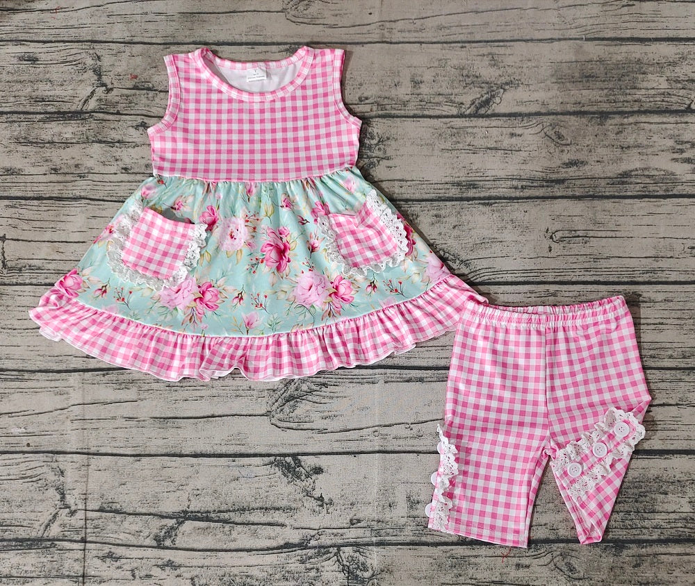 No moq Pre-order Baby Girl Sleeveless Floral Pocket Tunic Pink Plaid Shorts Summer Set