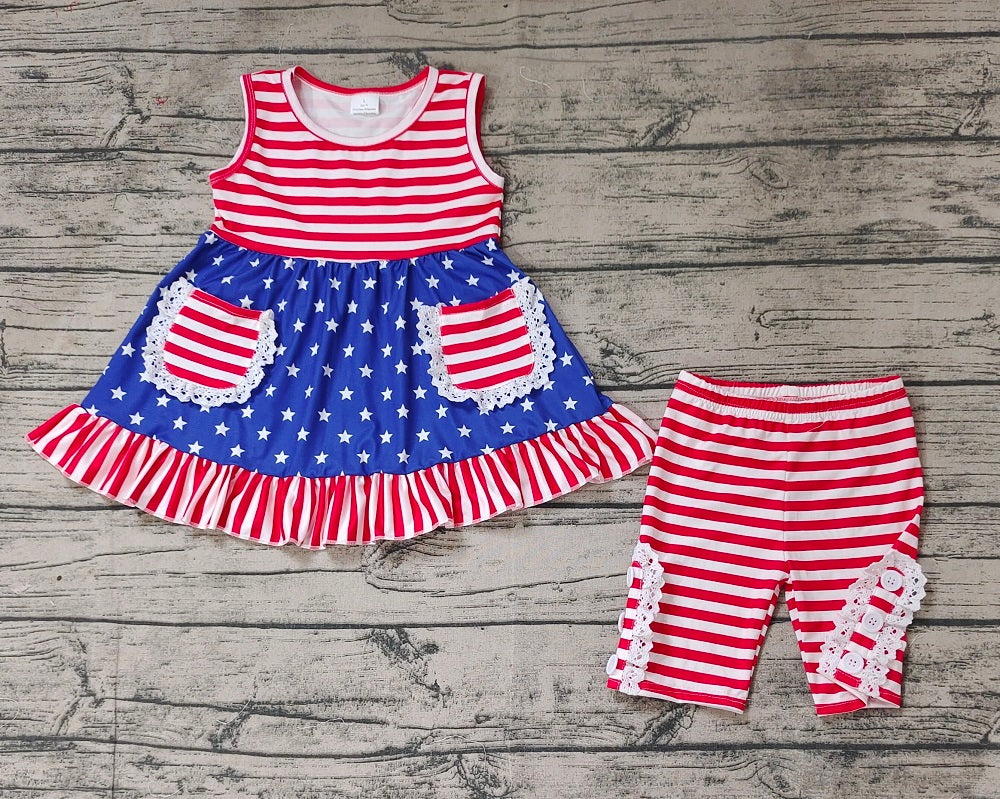 No moq Pre-order Baby Girl Sleeveless Stars Pocket Tunic Stripes Shorts July 4th Set