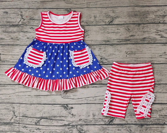 No moq Pre-order Baby Girl Sleeveless Stars Pocket Tunic Stripes Shorts July 4th Set