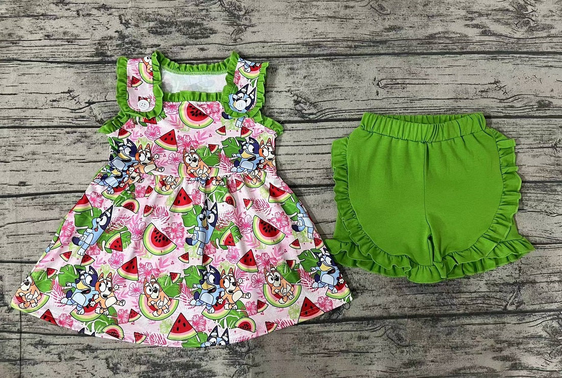 Pre-order Baby Girls Watermelon Dogs Tunic Green Ruffle Shorts Outfit Set