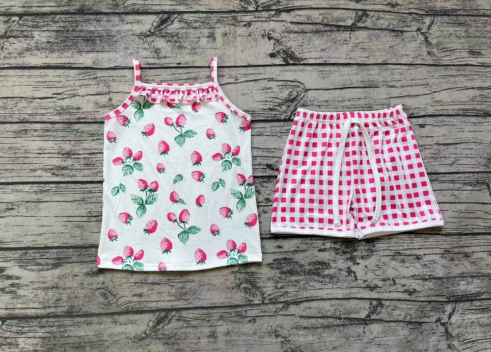 Pre-order Baby Girls Sleeveless Strawberry Tops Plaid Shorts Summer Set