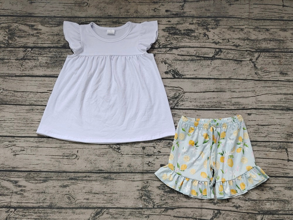 No moq Pre-order Baby Girl White Cottton Tops Lemon Shorts Summer Set