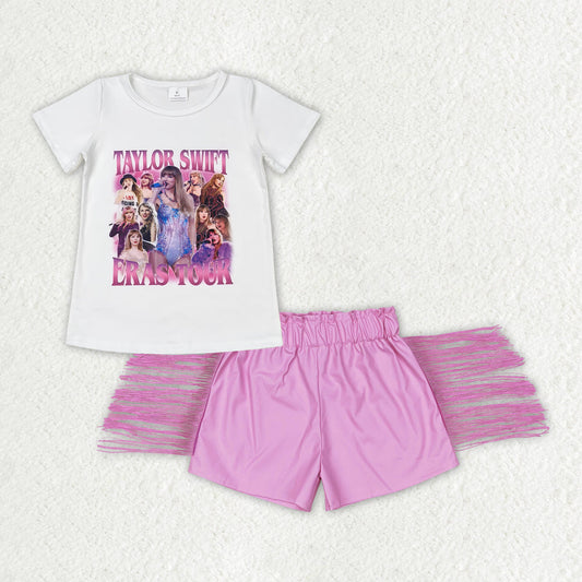 Baby Girl Short Sleeves Singer White Shirt Pink Leather Tassel Shorts Set