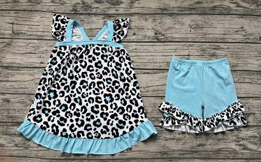 Pre-order Baby Girls Leopard Tunic Blue Ruffle Shorts Summer Set