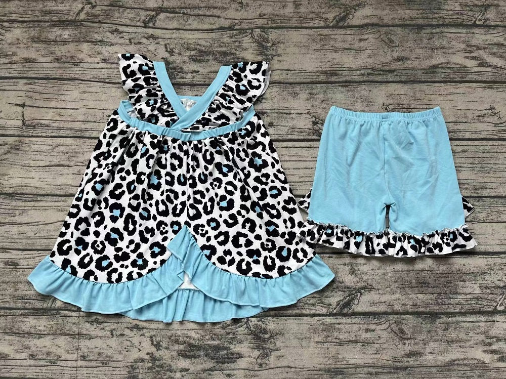 Pre-order Baby Girls Leopard Tunic Blue Ruffle Shorts Summer Set