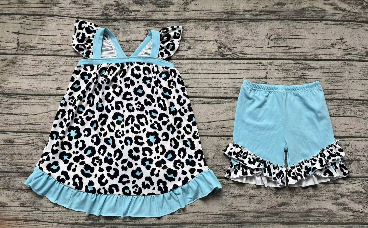 Baby Girl Leopard Tops Blue Ruffle Shorts Summer Set