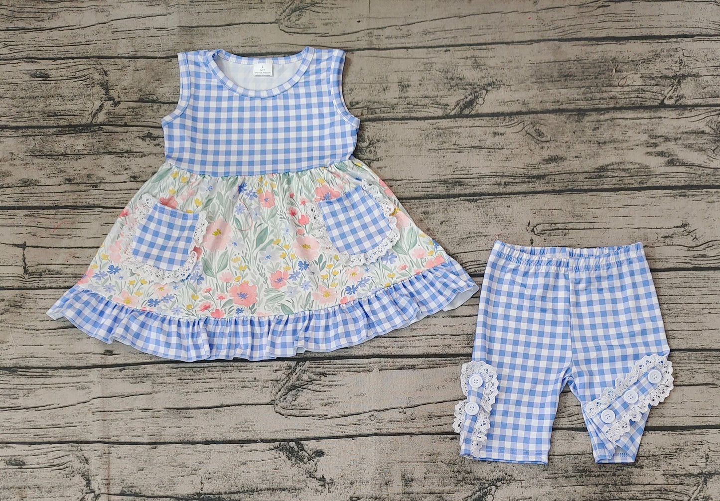 Baby Girl Sleeveless Floral Pocket Tops Blue Plaid Shorts Set