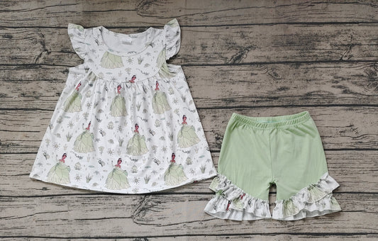 No moq Pre-order Baby Girl Princess Tops Green Shorts Set