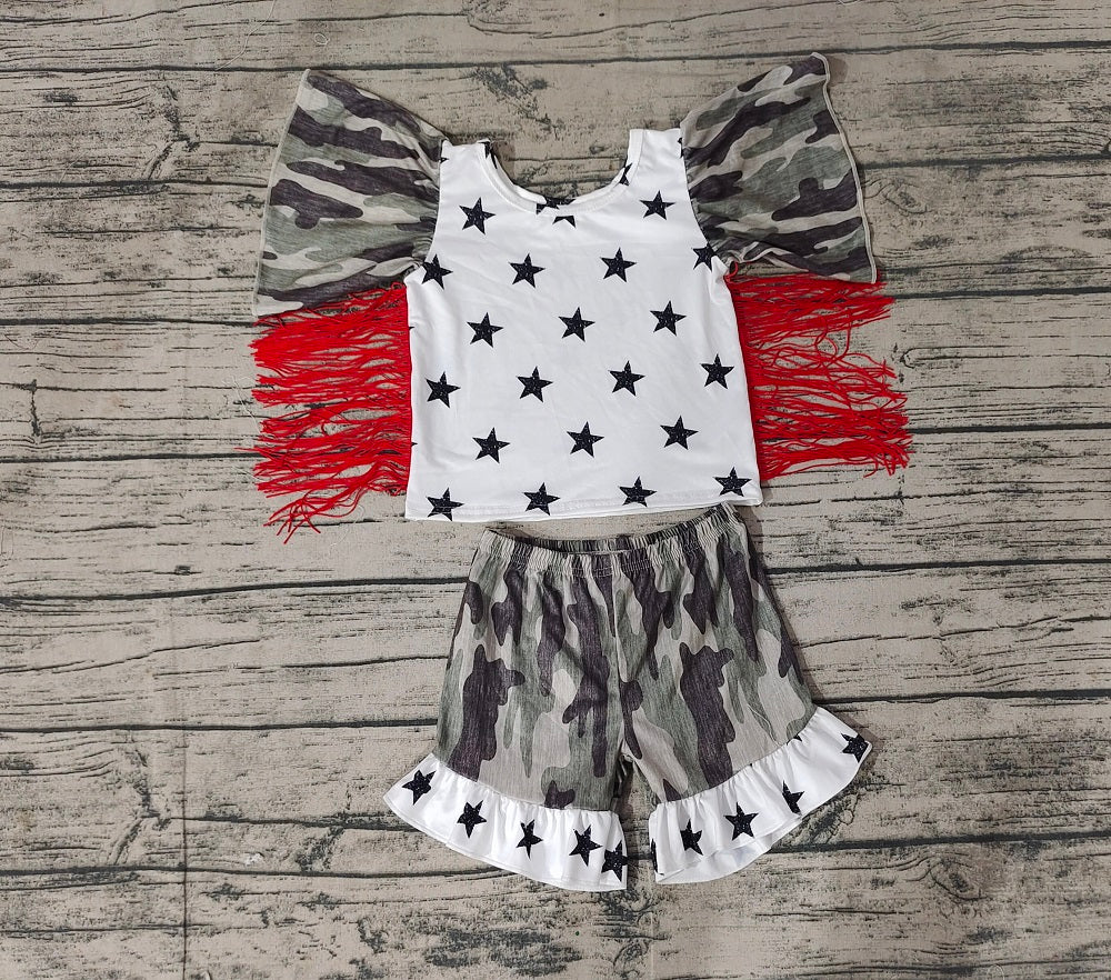 No moq Pre-order Baby Girl Short Sleeves Stars Tassel Tops Camo Shorts Set