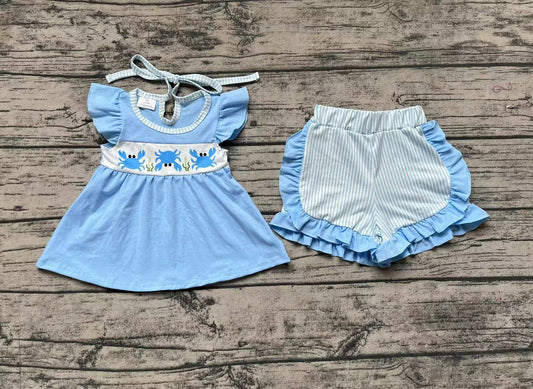 No moq Pre-order Baby Girl Crabs Blue Tops Stripes Shorts Set