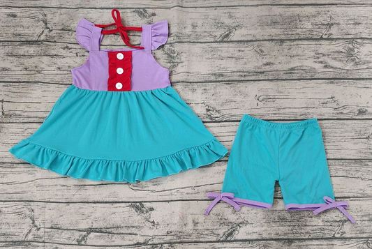 Pre-order Baby Girl Sleeveless Purple Green Tunic Shorts Summer Princess Set