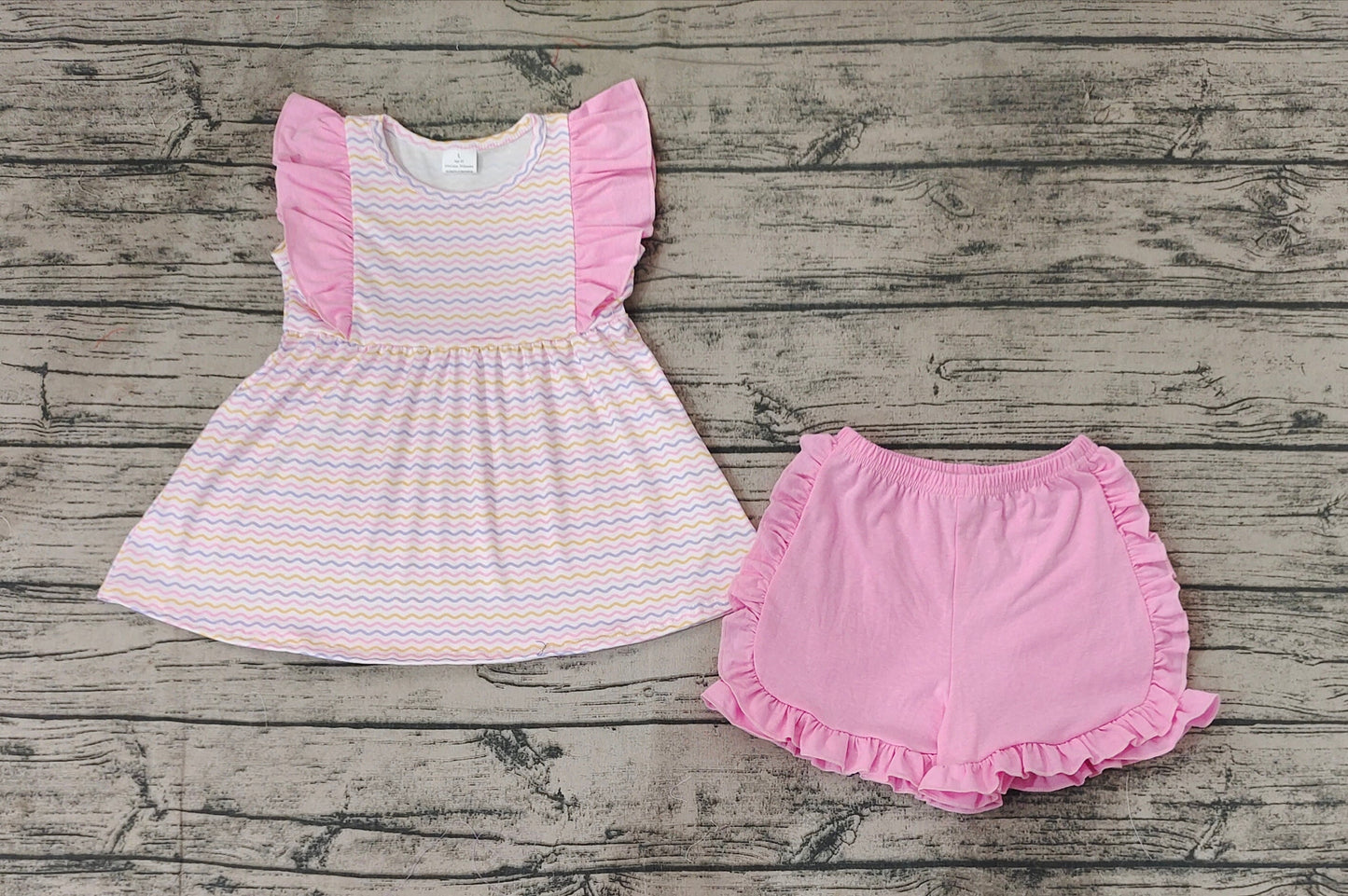 Baby Girl Wave Stripes Tunic Ruffle Pink Shorts Clothes Sets