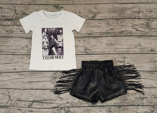 No moq Pre-order Baby Girl Short Sleeves Singer Shirt Black Leather Tassels Shorts Summer Set