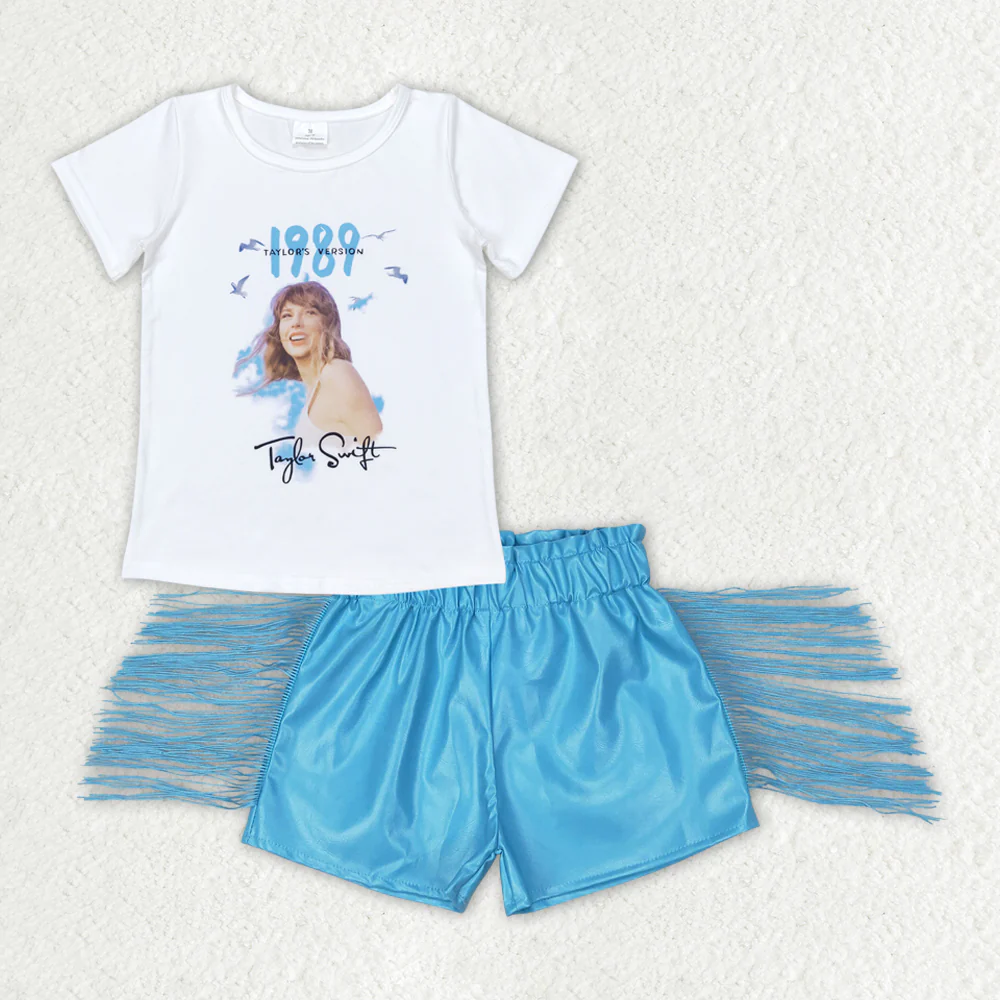 Baby Girl Short Sleeves Singer Shirt Blue Leather Tassel Shorts Set